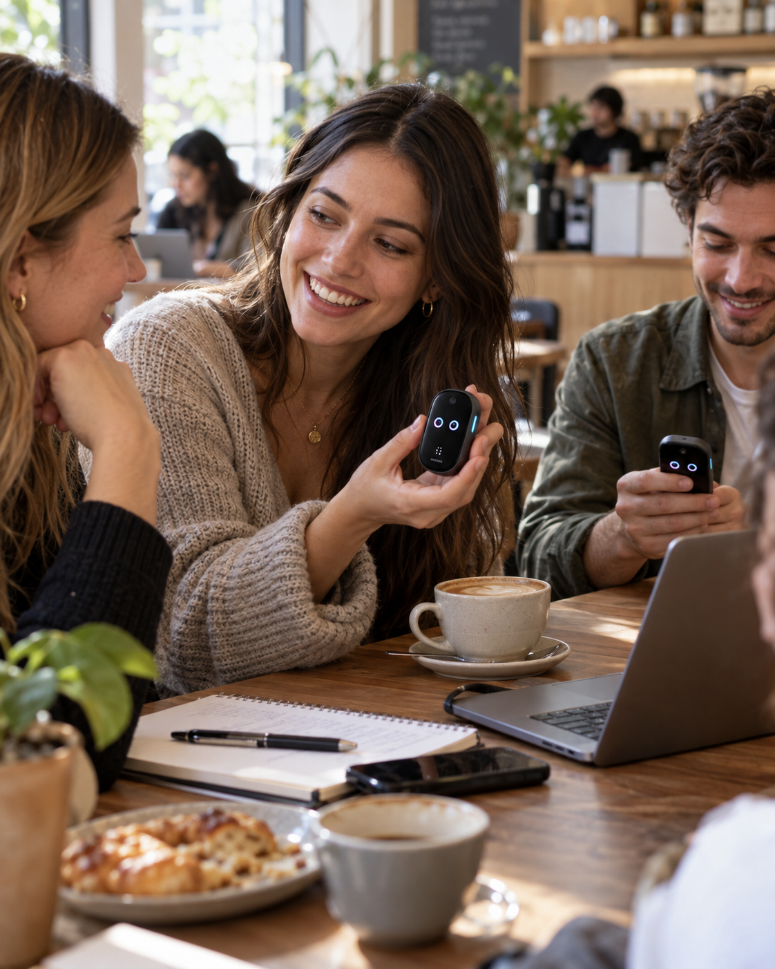 Friends interacting with POCKET in a cafe